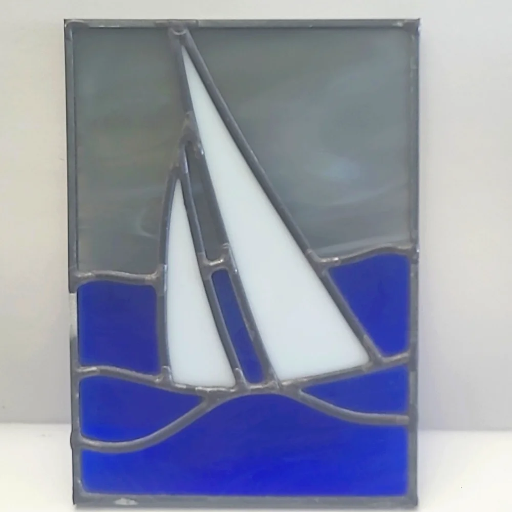 Stained Glass Sailboat Art in Blue and Gray - Picture 4 of 4